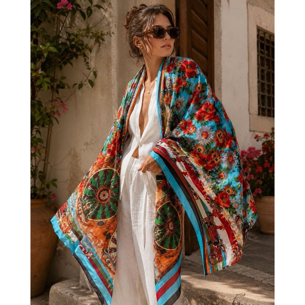Positano by Jean Paul Oversized Cotton Scarf Floral Horse Carriage Shawl Wrap